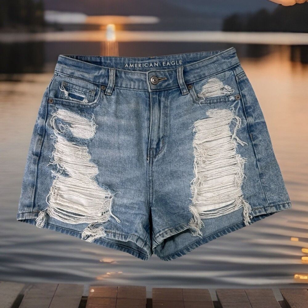 American Eagle Destroyed Mom Shorts 0 (W27 Inseam 2) Blue Denim Distressed Women